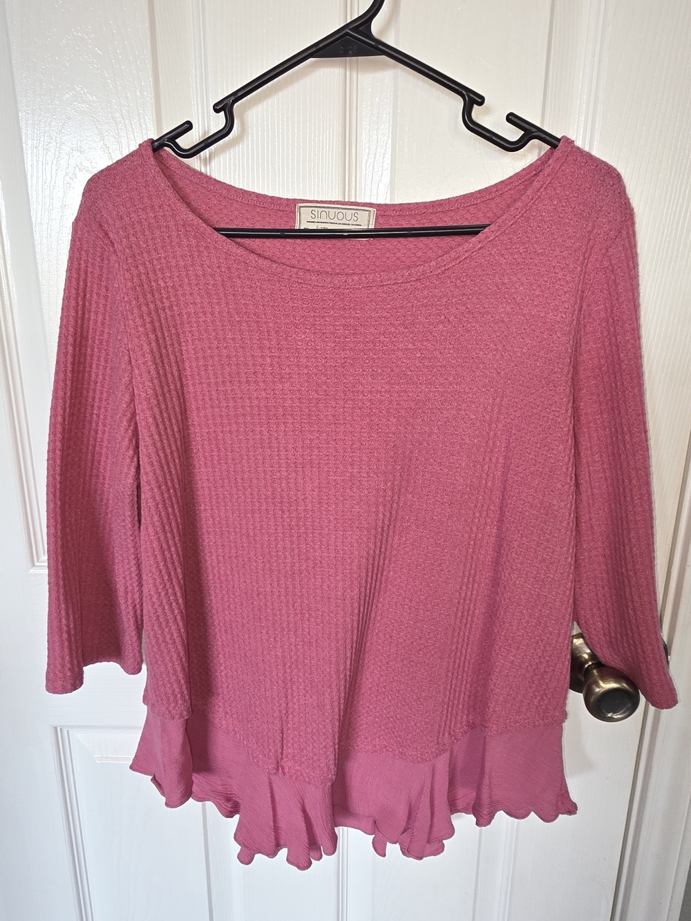 Women's Rose Pink Waffle Knit Ruffle Hem Top